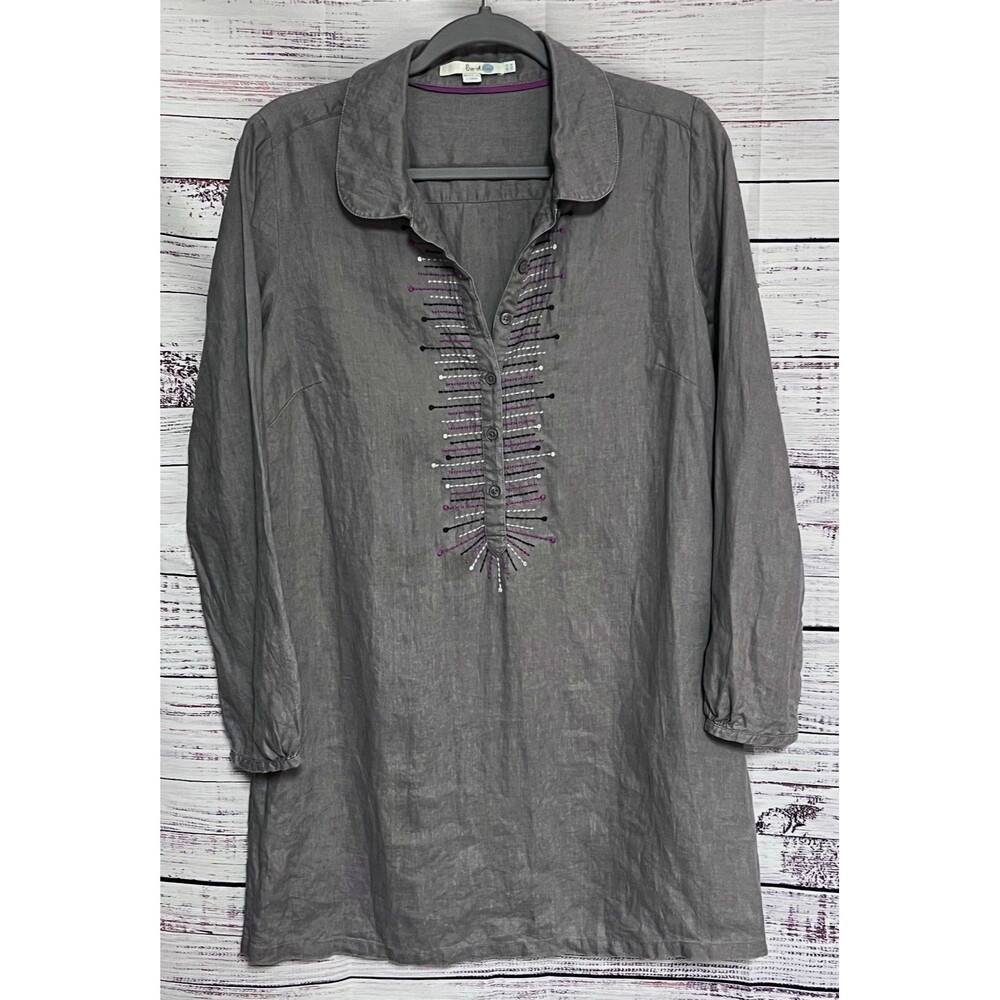 Boden Gray 100% Linen 3/4 Sleeve Collared Tunic Blouse Embellished 12